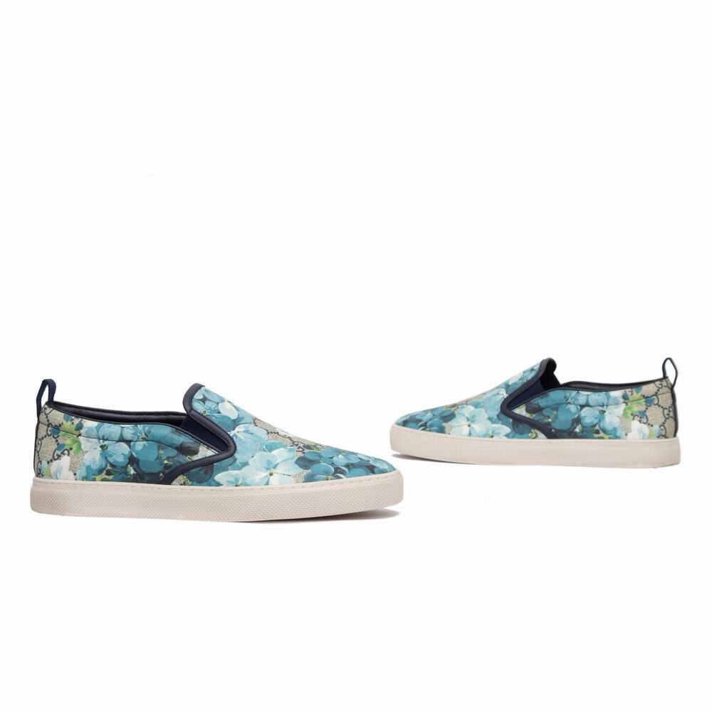GUCCI GG Blooms Blue Floral Supreme Canvas Men’s Slip-On Sneakers EU 42.5 US 9.5